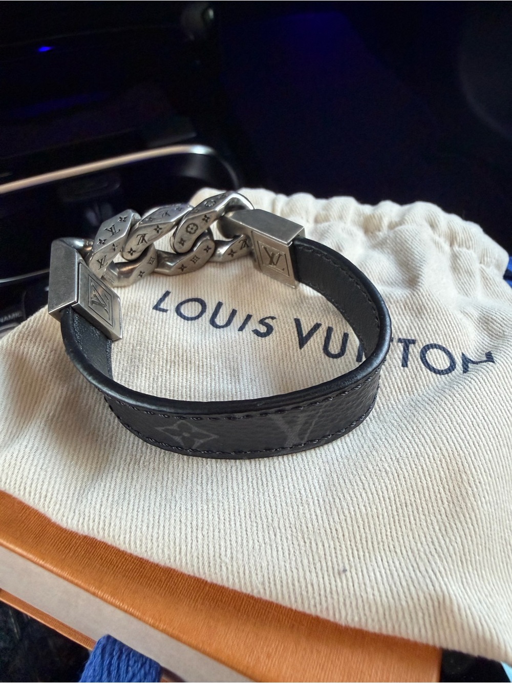 Louis Vuitton Black Leather Bracelet with Silver-Tone Chain and LV Clasp - Picture 8 of 9
